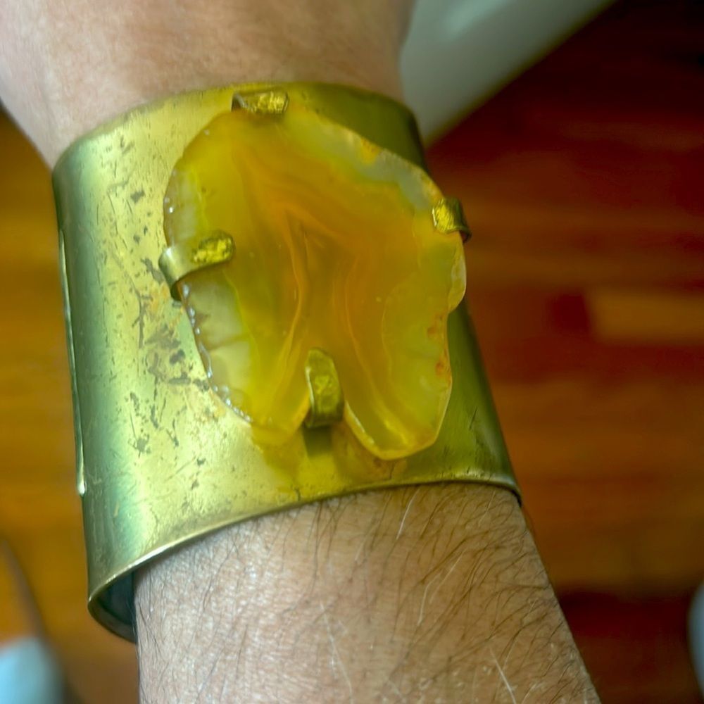 Vintage Brass Cuff Wide Statement Bracelet With Yellow Stone Carnelian Mcm